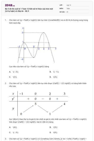 Bộ 5 đề thi cuối kì 1 Toán 12 Kết nối tri thức cấu trúc mới (có tự luận) có đáp án - Đề 3