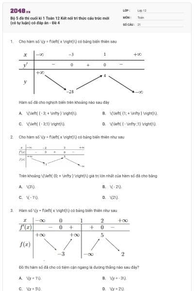 Bộ 5 đề thi cuối kì 1 Toán 12 Kết nối tri thức cấu trúc mới (có tự luận) có đáp án - Đề 4
