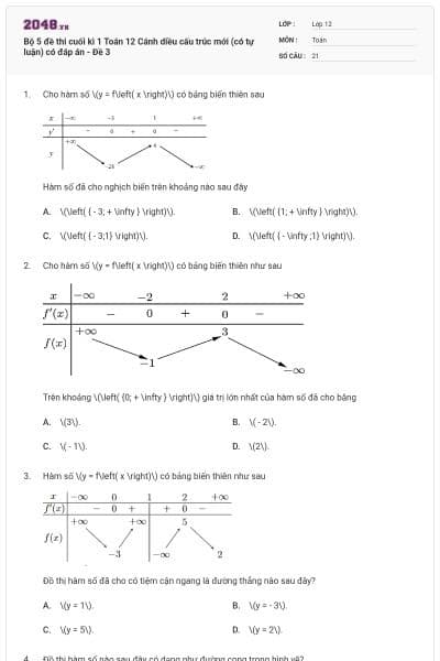 Bộ 5 đề thi cuối kì 1 Toán 12 Cánh diều cấu trúc mới (có tự luận) có đáp án - Đề 3