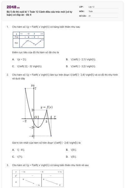 Bộ 5 đề thi cuối kì 1 Toán 12 Cánh diều cấu trúc mới (có tự luận) có đáp án - Đề 4