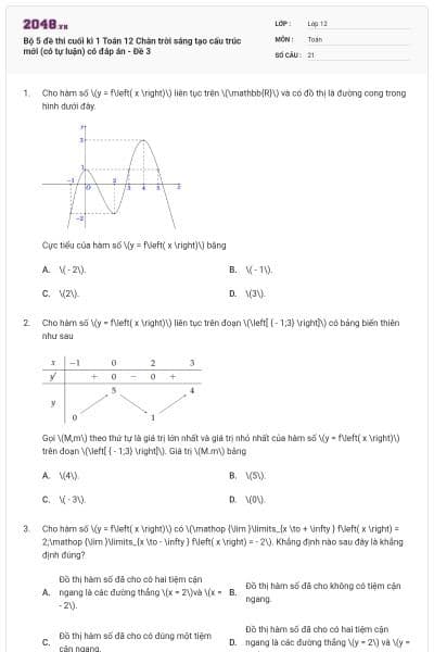 Bộ 5 đề thi cuối kì 1 Toán 12 Chân trời sáng tạo cấu trúc mới (có tự luận) có đáp án - Đề 3