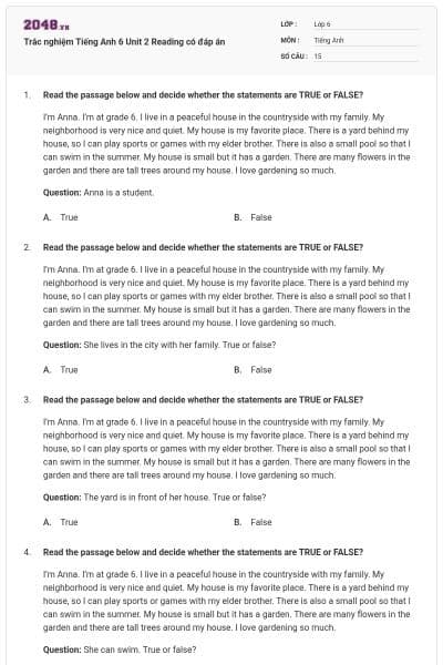 Trắc nghiệm Tiếng Anh 6 Unit 2 Reading có đáp án