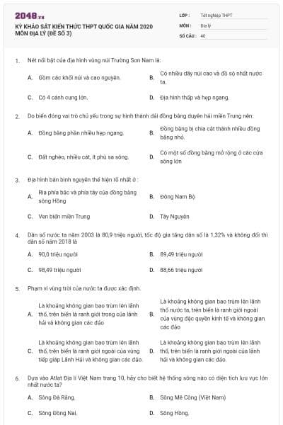 KỲ KHẢO SÁT KIẾN THỨC THPT QUỐC GIA NĂM 2020 MÔN ĐỊA LÝ (ĐỀ SỐ 3)