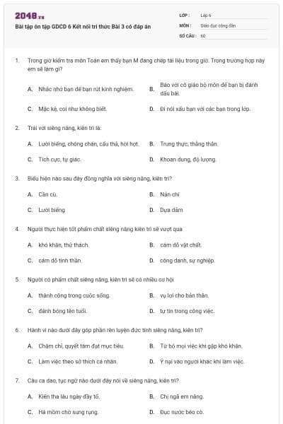 Bài tập ôn tập GDCD 6 Kết nối tri thức Bài 3 có đáp án
