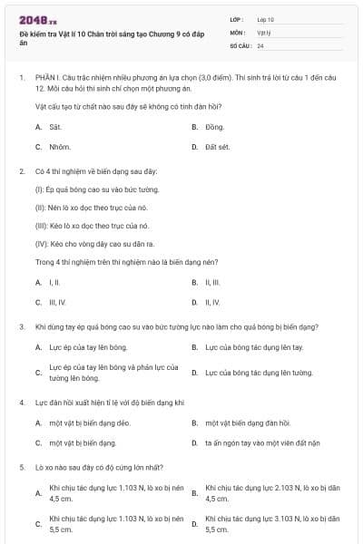 Đề kiểm tra Vật lí 10 Chân trời sáng tạo Chương 9 có đáp án