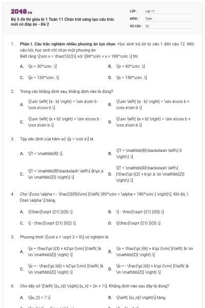 Bộ 5 đề thi giữa kì 1 Toán 11 Chân trời sáng tạo cấu trúc mới có đáp án - Đề 2