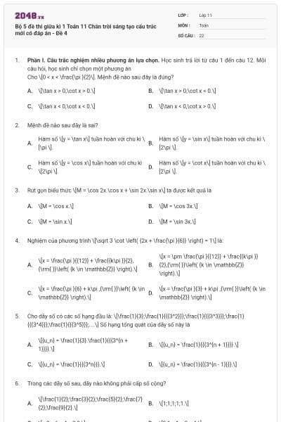 Bộ 5 đề thi giữa kì 1 Toán 11 Chân trời sáng tạo cấu trúc mới có đáp án - Đề 4