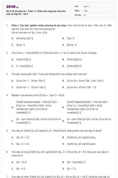 Bộ 5 đề thi giữa kì 1 Toán 11 Chân trời sáng tạo cấu trúc mới có đáp án - Đề 5