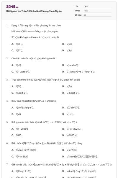 Bài tập ôn tập Toán 9 Cánh diều Chương 3 có đáp án