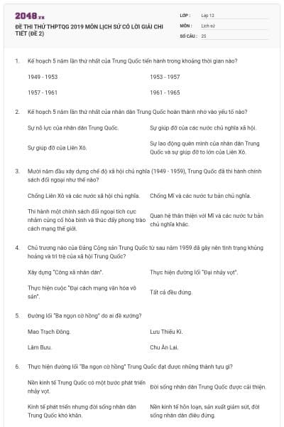 ĐỀ THI THỬ THPTQG 2019 MÔN LỊCH SỬ CÓ LỜI GIẢI CHI TIẾT (ĐỀ 2)