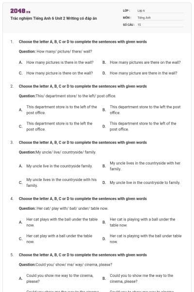 Trắc nghiệm Tiếng Anh 6 Unit 2 Writing có đáp án