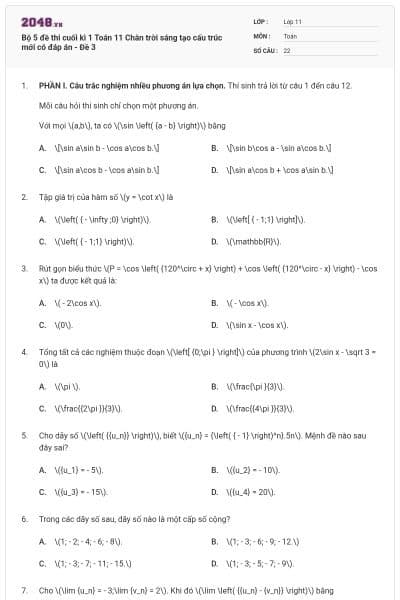 Bộ 5 đề thi cuối kì 1 Toán 11 Chân trời sáng tạo cấu trúc mới có đáp án - Đề 3