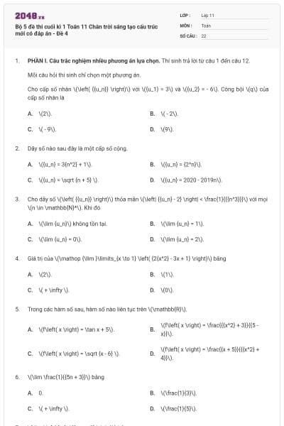 Bộ 5 đề thi cuối kì 1 Toán 11 Chân trời sáng tạo cấu trúc mới có đáp án - Đề 4