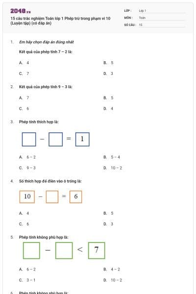 15 câu trắc nghiệm Toán lớp 1 Phép trừ trong phạm vi 10 (Luyện tập) (có đáp án)