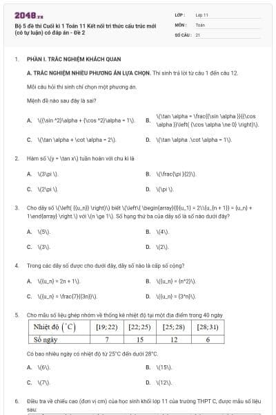 Bộ 5 đề thi Cuối kì 1 Toán 11 Kết nối tri thức cấu trúc mới (có tự luận) có đáp án - Đề 2