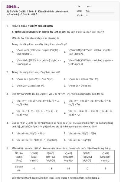 Bộ 5 đề thi Cuối kì 1 Toán 11 Kết nối tri thức cấu trúc mới (có tự luận) có đáp án - Đề 3