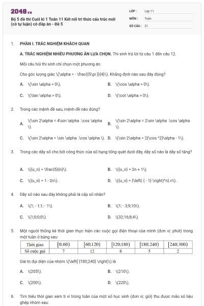 Bộ 5 đề thi Cuối kì 1 Toán 11 Kết nối tri thức cấu trúc mới (có tự luận) có đáp án - Đề 5
