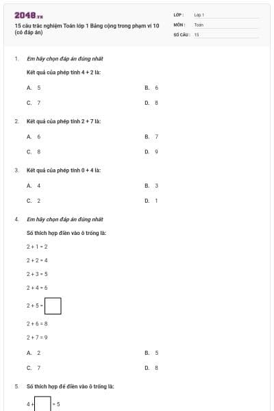 15 câu trắc nghiệm Toán lớp 1 Bảng cộng trong phạm vi 10 (có đáp án)