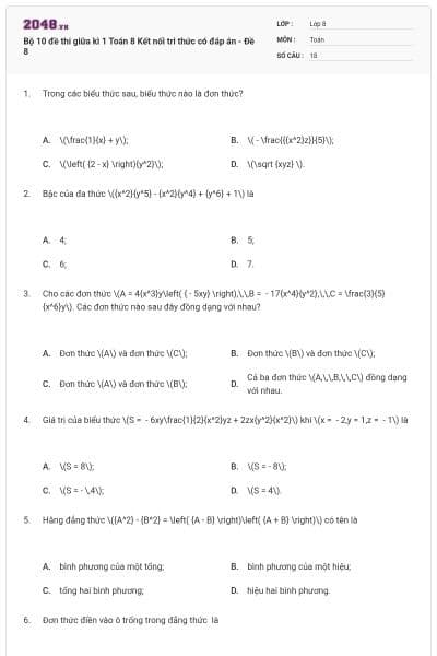 Bộ 10 đề thi giữa kì 1 Toán 8 Kết nối tri thức có đáp án - Đề 8