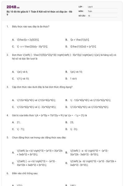 Bộ 10 đề thi giữa kì 1 Toán 8 Kết nối tri thức có đáp án - Đề 9