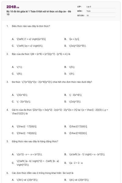 Bộ 10 đề thi giữa kì 1 Toán 8 Kết nối tri thức có đáp án - Đề 10