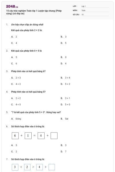 15 câu trắc nghiệm Toán lớp 1 Luyện tập chung (Phép cộng) (có đáp án)