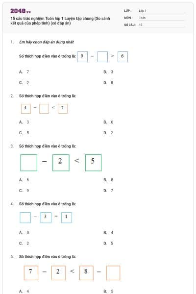 15 câu trắc nghiệm Toán lớp 1 Luyện tập chung (So sánh kết quả của phép tính) (có đáp án)