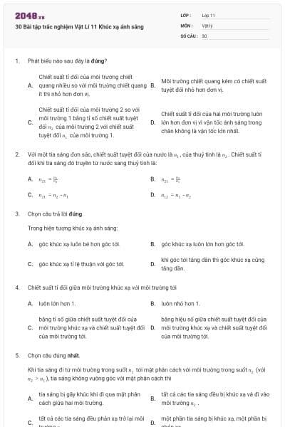 30 Bài tập trắc nghiệm Vật Lí 11 Khúc xạ ánh sáng