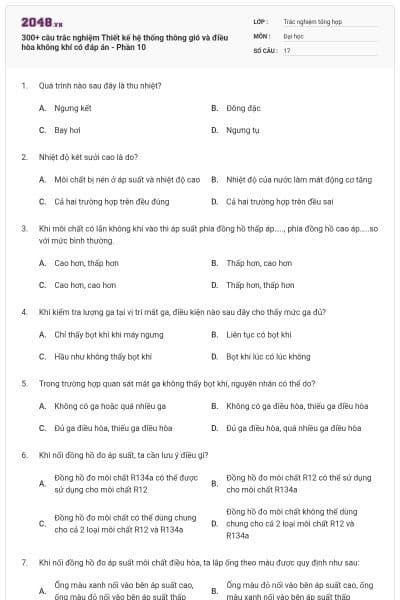 300+ câu trắc nghiệm Thiết kế hệ thống thông gió và điều hòa không khí có đáp án - Phần 10