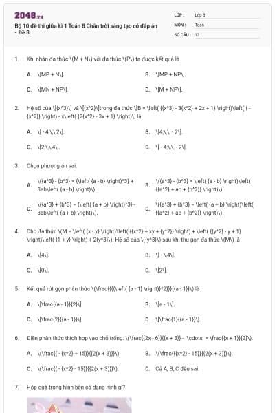 Bộ 10 đề thi giữa kì 1 Toán 8 Chân trời sáng tạo có đáp án - Đề 8