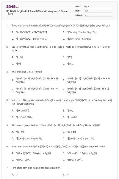 Bộ 10 đề thi giữa kì 1 Toán 8 Chân trời sáng tạo có đáp án - Đề 9