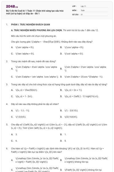 Bộ 5 đề thi Cuối kì 1 Toán 11 Chân trời sáng tạo cấu trúc mới (có tự luận) có đáp án - Đề 1