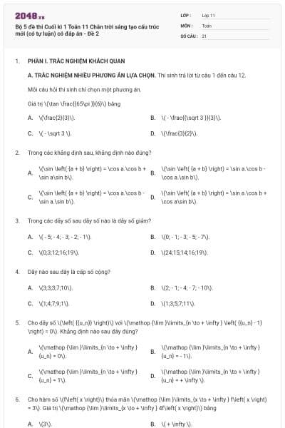 Bộ 5 đề thi Cuối kì 1 Toán 11 Chân trời sáng tạo cấu trúc mới (có tự luận) có đáp án - Đề 2