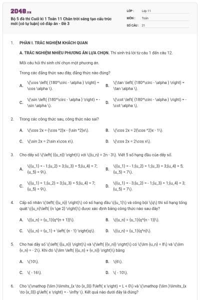 Bộ 5 đề thi Cuối kì 1 Toán 11 Chân trời sáng tạo cấu trúc mới (có tự luận) có đáp án - Đề 3