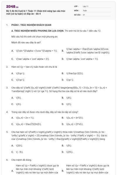 Bộ 5 đề thi Cuối kì 1 Toán 11 Chân trời sáng tạo cấu trúc mới (có tự luận) có đáp án - Đề 4