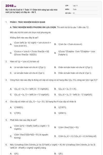 Bộ 5 đề thi Cuối kì 1 Toán 11 Chân trời sáng tạo cấu trúc mới (có tự luận) có đáp án - Đề 5