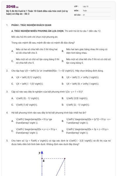 Bộ 5 đề thi Cuối kì 1 Toán 10 Cánh diều cấu trúc mới (có tự luận) có đáp án - Đề 3