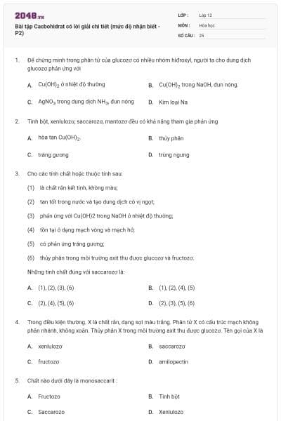 Bài tập Cacbohidrat có lời giải chi tiết (mức độ nhận biết - P2)