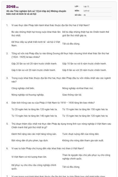 46 câu Trắc nghiệm lịch sử 12(có đáp án) Những chuyển biến mới về kinh tế và xã hội