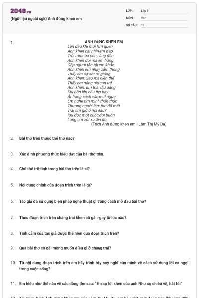 (Ngữ liệu ngoài sgk) Anh đừng khen em