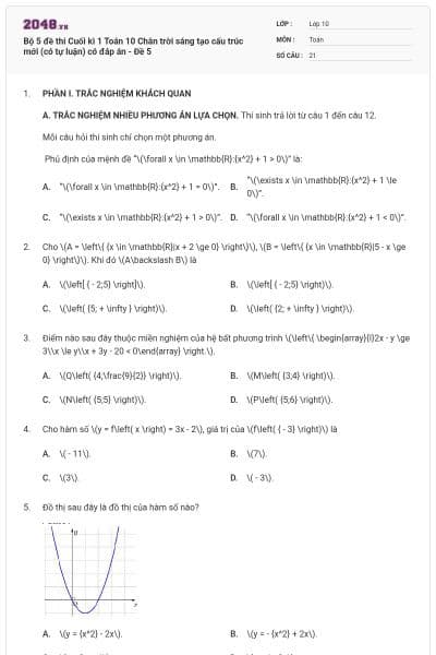 Bộ 5 đề thi Cuối kì 1 Toán 10 Chân trời sáng tạo cấu trúc mới (có tự luận) có đáp án - Đề 5