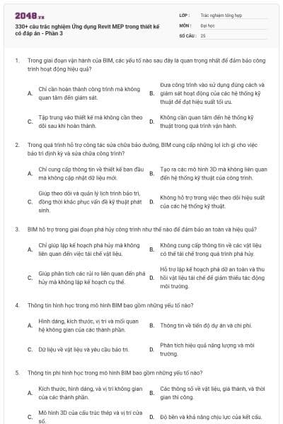 330+ câu trắc nghiệm Ứng dụng Revit MEP trong thiết kế có đáp án - Phần 3