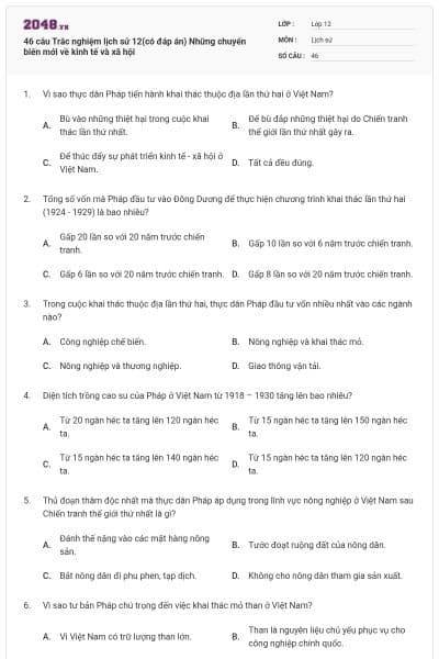 46 câu Trắc nghiệm lịch sử 12(có đáp án) Những chuyển biến mới về kinh tế và xã hội