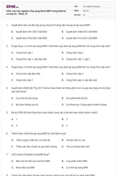 330+ câu trắc nghiệm Ứng dụng Revit MEP trong thiết kế có đáp án - Phần 10