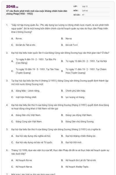 47 câu Bước phát triển mới của cuộc kháng chiến toàn dân chống Pháp(1950 - 1953)