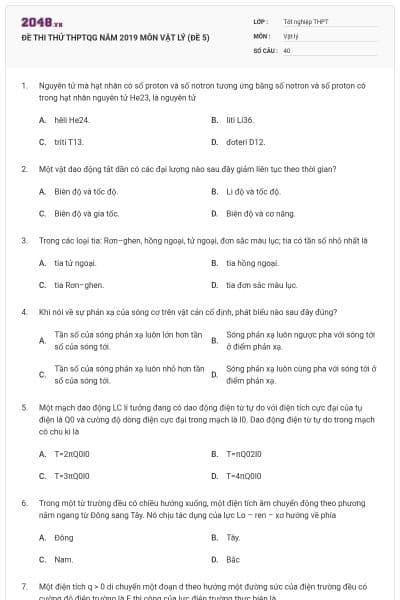 ĐỀ THI THỬ THPTQG NĂM 2019 MÔN VẬT LÝ (ĐỀ 5)