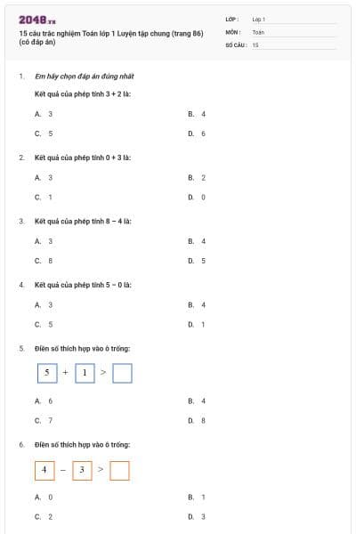 15 câu trắc nghiệm Toán lớp 1 Luyện tập chung (trang 86) (có đáp án)