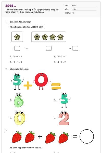15 câu trắc nghiệm Toán lớp 1 Ôn tập phép cộng, phép trừ trong phạm vi 10 (có hình ảnh) (có đáp án)