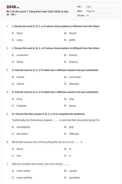 Bộ 2 đề thi cuối kì 1 Tiếng Anh 8 năm 2024-2025 có đáp án - Đề 1
