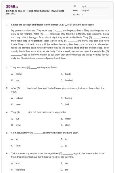 Bộ 2 đề thi cuối kì 1 Tiếng Anh 8 năm 2024-2025 có đáp án - Đề 2